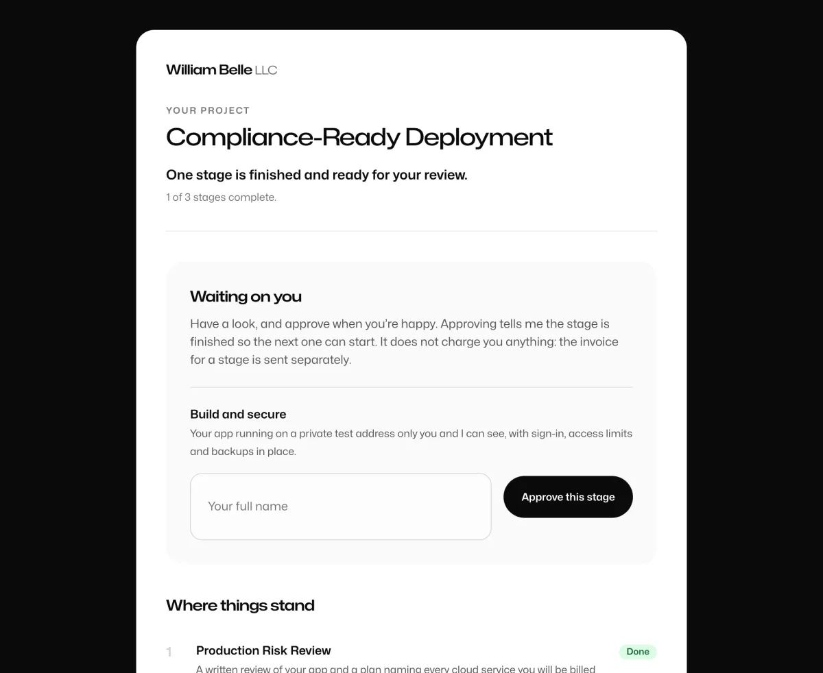 A project page showing which stage is waiting on the client, with a button to approve it.